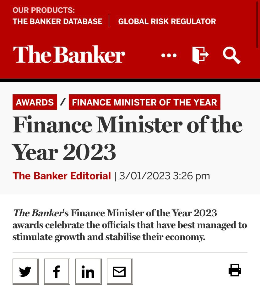 Βράβευσή του Χ. Σταϊκούρα ως «Υπουργός Οικονομικών της Χρονιάς 2023 για την Ευρώπη», από το περιοδικό “The Banker” του ομίλου των “Financial Times”